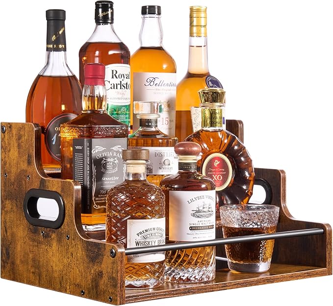 YQBRAO [Upgraded] Rustic Wood Liquor Bottle Display Shelf, 3-Tier Liquor Shelf for Bar Counter, Coffee Syrup Rack Organizer with Handles & Metal Guardrail, Bar Bottle Stand for Home, Kitchen, Cafe
