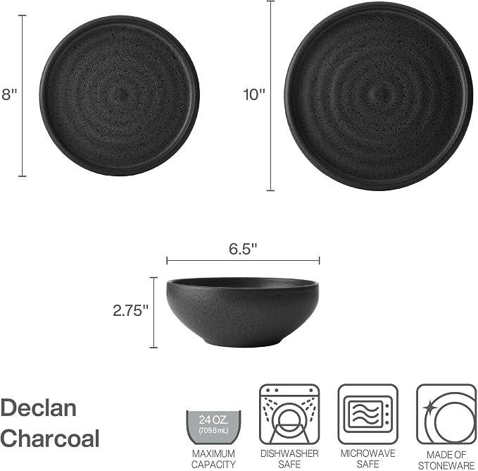Mikasa Declan 12 Piece Stoneware Dinnerware Set, Service for 4, Modern Black Plate and Bowl Dishes with High Rims, Black