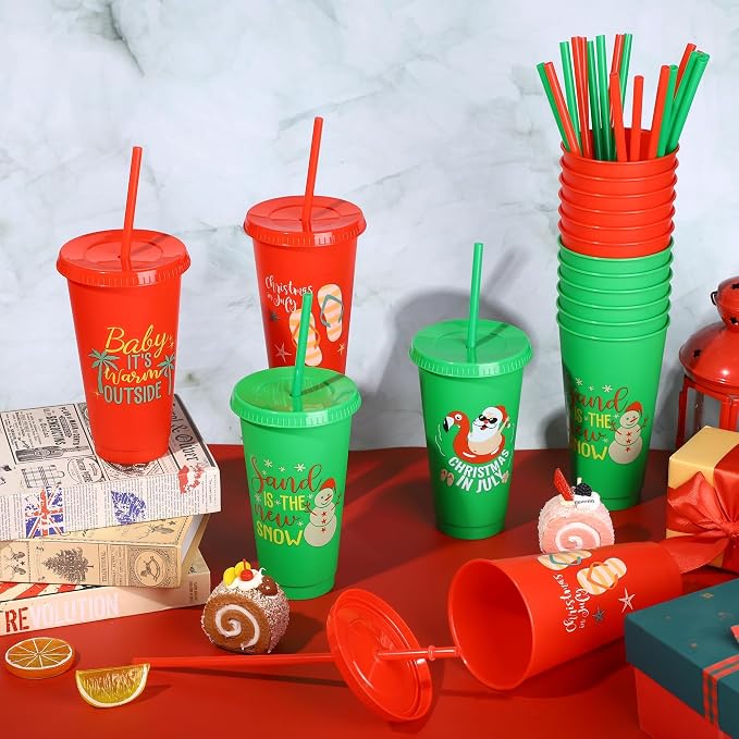 Kochorie 24 Pcs Christmas in July Plastic Cups 24 Oz Reusable Summer Christmas Party Cups with Lids and Straws Thick Plastic Tumbler Bulk for Summer Christmas Party Supplies