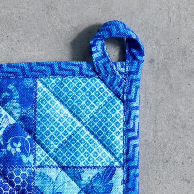 Maison d' Hermine Pot Holders 100% Cotton Heat Resistant Potholders 8" x 8" Hot Pads with Loop BBQ Cooking Baking Gifts for Mothers Day Handling Hot Pans Spring/Summer (Pack of 2, Indigo Love)