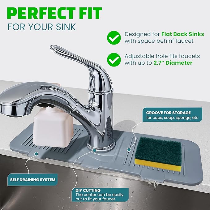 2 Pieces Silicone Faucet Mat for Kitchen Sink and Dish Drying Mat for Multiple Usage , Sink Water Splash Guard , Dish Mat , Draying Mat for Kitchen Counter-Grey