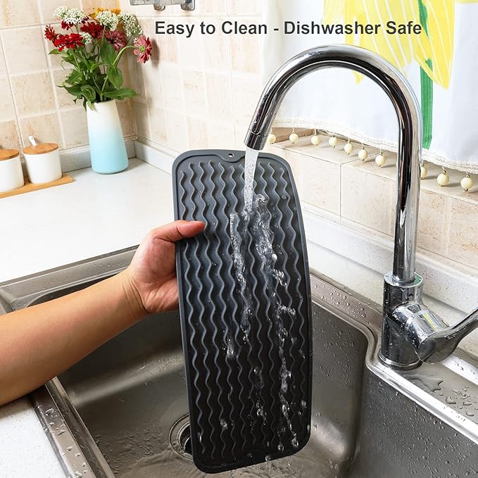 ZLR 2 Pcs Silicone Sponge Holder & Sink Caddy Tray (6" x 17") - Narrow Dish Drying Mat for Kitchen Counter - Waterproof Soap Dispenser Organizer, Non-Slip Bathroom Vanity Tray (Dark Gray)