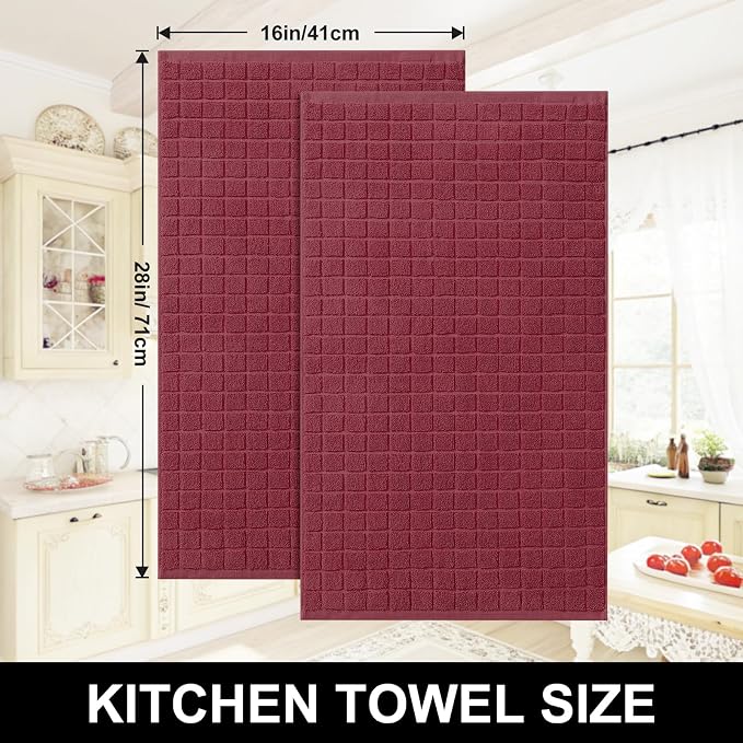 Homaxy Premium Cotton Kitchen Towels 16"x 28", Large Natural Ring Spun 390 GSM Dish Towels, Super Absorbent Terry Kitchen Hand Towels, Soft Tea Towels with Hanging Loop, Pure Red Check Design, 4 Pack