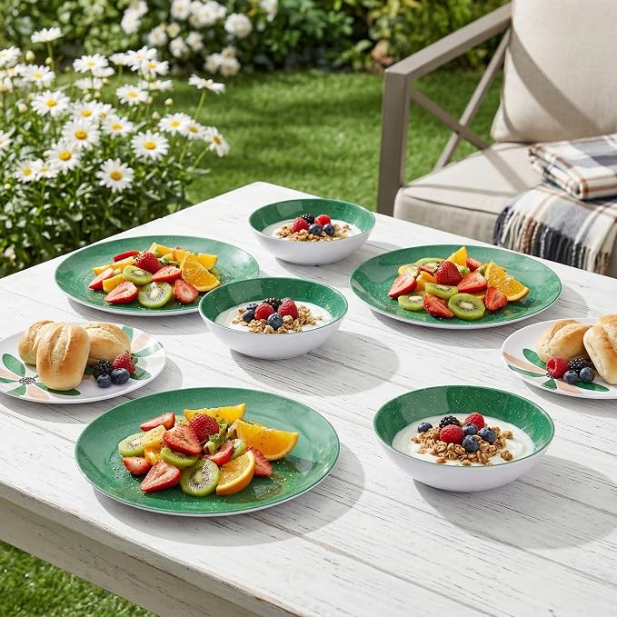Outdoor Melamine Dinnerware Set 12 Pieces, Spring Party Green Flowers
