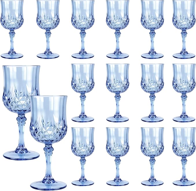 16 Pack Plastic Wine Glasses,10oz Unbreakable Vintage Style Goblets,Reusable Crystal Like Drinking Glass for Wedding Reception, Party Supplies (Blue)
