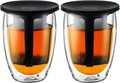 Bodum 12oz Tea Strainer w/Lid, Double Wall, High-Heat Borosilicate Glass, Set of 2, Black