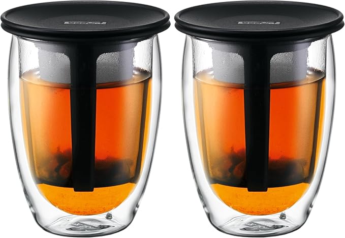 Bodum 12oz Tea Strainer w/Lid, Double Wall, High-Heat Borosilicate Glass, Set of 2, Black