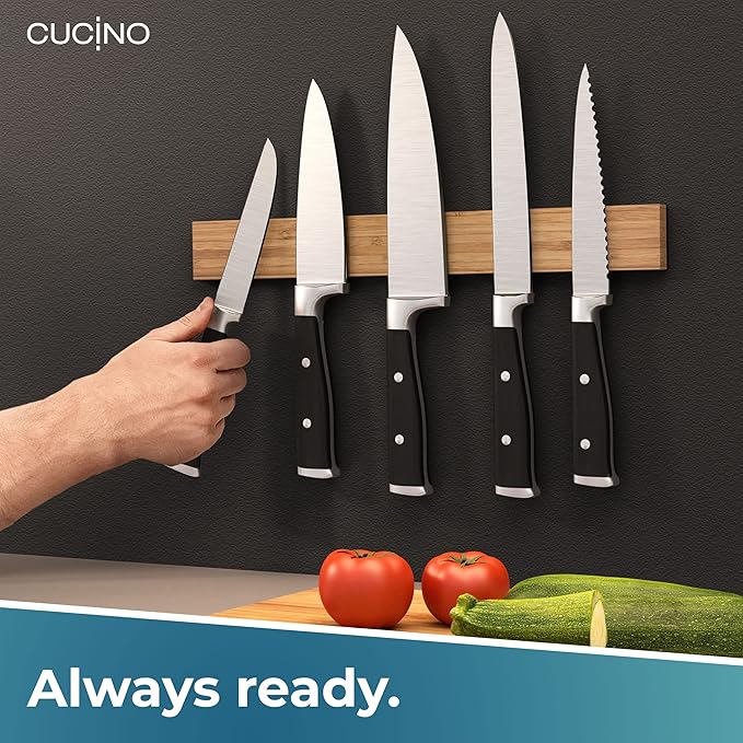 CUCINO Magnetic Knife Holder for Wall 16" - No Drilling incl. Self Adhesive Tape - Extra strong Magnet - Awarded Strip - Made of Bamboo