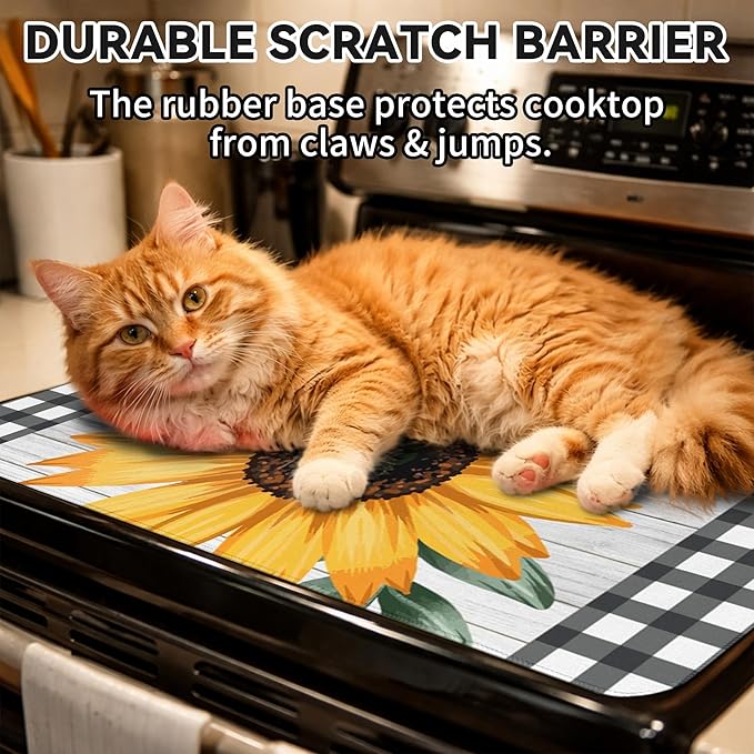 Decorative Stove Top Covers for Electric Stove 28"x20" – Heat Resistant Glass Cooktop Protector Dish Drying Mat – Non-Slip Rubber Backing Washer Top Cover Waterproof Extra Counter Space (Sunflower 1)