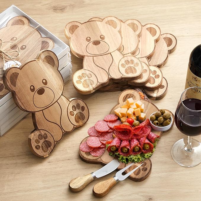 Ziliny 4 Set Baby Shower Prizes Bear Shaped Cheese Board with Cheese Knives and Forks Baby Shower Party Favors Gift Box for Wedding Bridal Birthday Gender Reveal Favor (Acacia Color)
