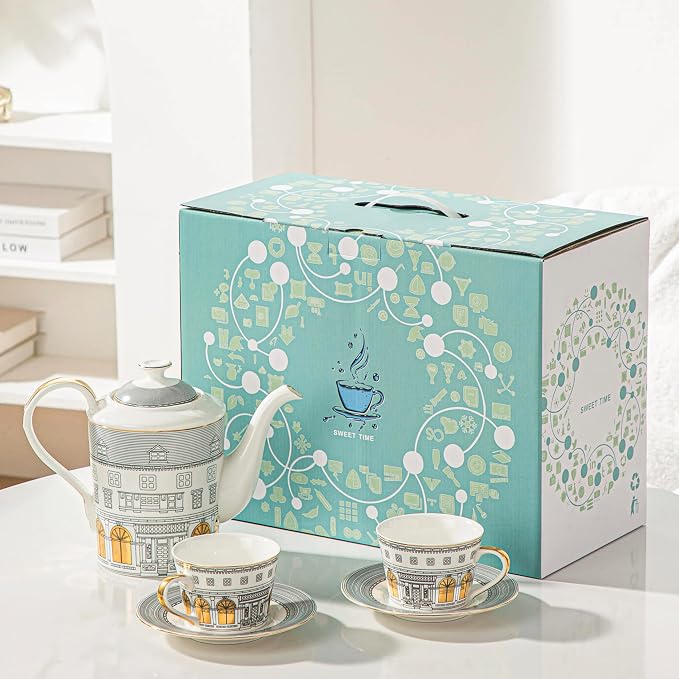 Domini Personalized Architectural Ceramic Tea Cup and Saucer Set,5-piece gift box set with 1 pot, 2 cups and 2 plates