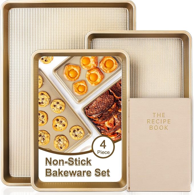 4Pcs Bakeware Set | 3 Baking Sheets and 1 Recipe Notebook Combo | Nonstick Cookie Sheets for Baking Supplies | No Rust & No Toxic Heavy Duty 3 Baking Trays 18''+15''+13'' & 1 Blank Recipe Book