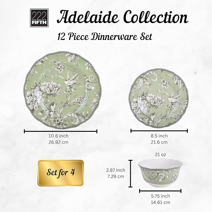 222 Fifth Adelaide Sage 12-Piece Green Porcelain Dinnerware Set – Service for 4, Big Dinner Plates and Bowls Sets, Green with White Floral Pattern, for Daily Entertainment, Microwave & Dishwasher Safe