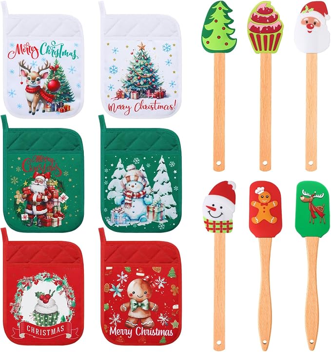 Zhehao 12 Pcs Christmas Silicone Spatulas Pot Holders Set Heat Resistant Pot Holders with Pocket Baking Gifts for Christmas Gift Party Supplies (Vibrant Christmas Style)