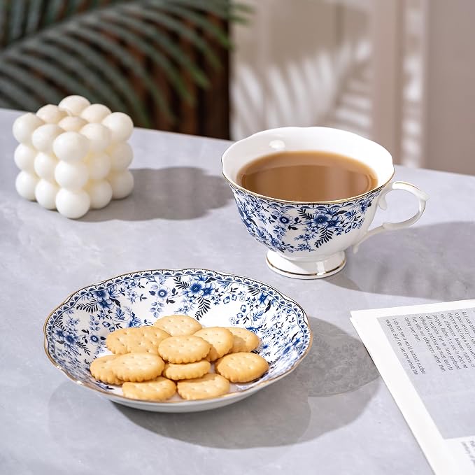 fanquare Porcelain Tea Cup and Saucer with Gold Trim, 8 oz Blue Floral British Coffee Cup with Spoon for Women Tea Parties