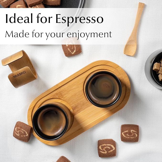 MIAMIO – Espresso Cups Set of 4 (3.5 oz) Japanese Tea Cups Ceramic/Handleless Mug with removable Wooden Cuff/Coffee Cups without Handle (Black)