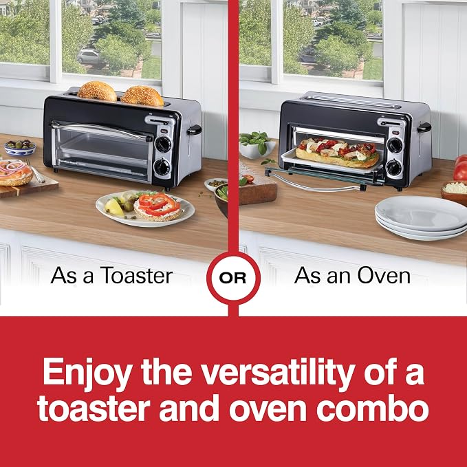 Hamilton Beach Versatile 2-in-1 Countertop Toaster Oven & Long Slot 2 Slice Toaster for Toasting & Baking, Automatic Shut Off, Shade Selector, Temperature Control, Compact Retro Design, Black (22725)