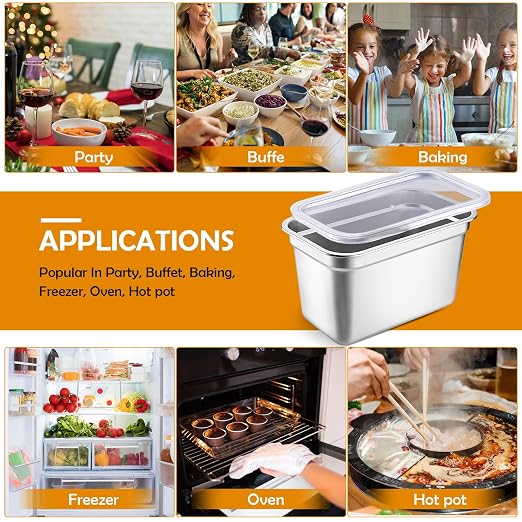 8 Pcs 304 Stainless Steel Food Storage Containers with Lid Hotel Pans for Kitchen Home Catering Food Prep Restaurant Buffet Hotel(6 Inch Deep)