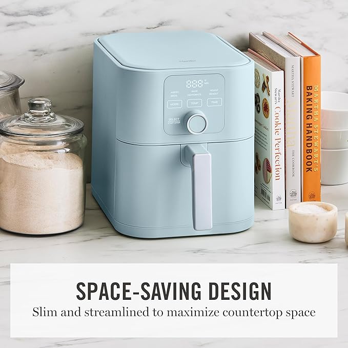 Martha Stewart 6QT Air Fryer, 6-in-1, Bake, Broil, Roast, Air Fry, Dehydrate, Reheat, Ceramic Non-Stick Basket, Crispy Results Fast, 400°F Max Temp, Shake Reminder, Auto Shut-Off, Sky Blue