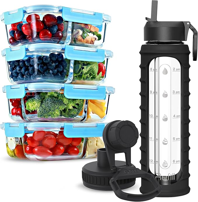 FIT Strong & Healthy 4-Pack 2 & 3 Compartment Glass Meal Prep Containers & 32oz Glass Water Bottle with Straw Lid, Time Marker, Sleeve & Extra Lid (Black)