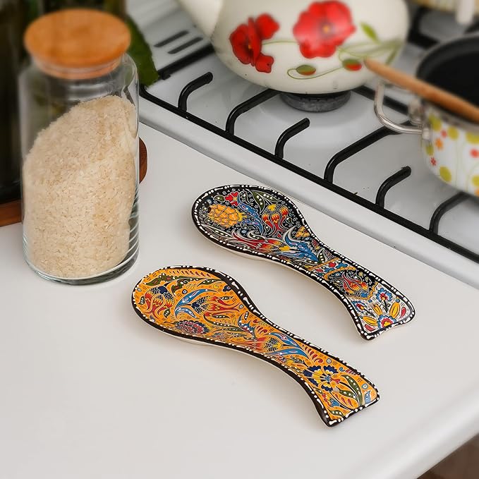 BCS Spoon Rest Set of 2 - Ceramic Spoon Holder for Stovetop & Kitchen Counter - Dishwasher Safe Handmade Kitchen Utensil (Yellow-Black 3.5” W x 9" L)