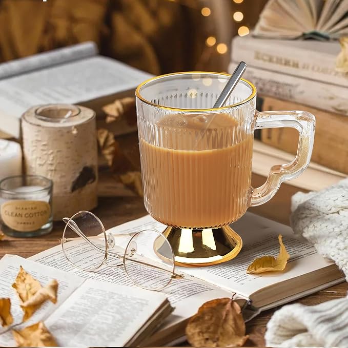 Joeyan Glass Coffee Mugs with Handle,Vintage Ribbed Clear Coffee Cups,Tea latte Cappuccino Espresso Milk Cups,Gold Rimmed Drinking Glasses,12 oz,Set of 2