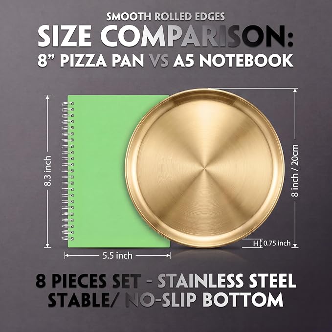 Thenshop 8 Pieces 8 Inch Pizza Pans Bulk Stainless Steel Sets Round Bakeware Pizza Trays for Oven Kitchen Baking Home Restaurant Safe Sturdy Reusable Easy Clean(Gold)