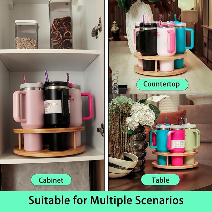 7 Slots Water Bottle Organizer for Stanley Cup Tumbler Accessories Owala Bottle Holder Rotatable Drying Rack Storage for Kitchen Cabinet Countertop Pantry Organizers for Gift, Natural Wood