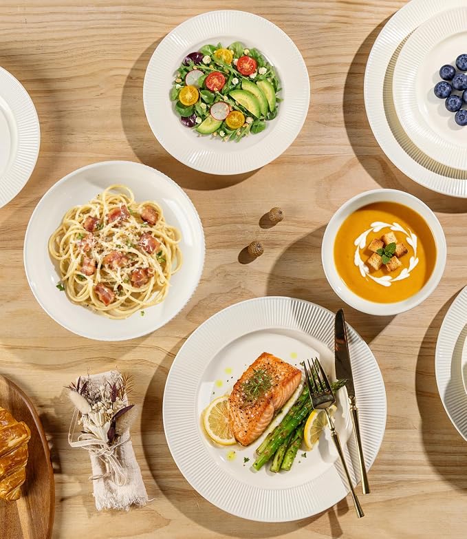 TheTerra Stoneware Dinnerware Sets for 4, 12 Pieces Ceramic Plates and Bowls Sets, Scratch Resistant Embossed Dish Set, Oven, Microwave & Dishwasher Safe, Ivory