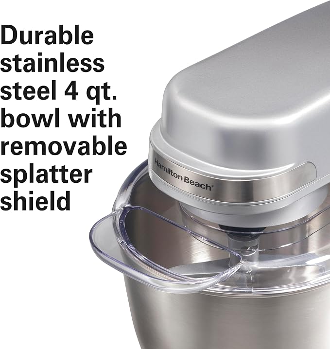 Hamilton Beach Electric Stand Mixer, 4 Quarts, Dough Hook, Flat Beater Attachments, Splash Guard 7 Speeds with Whisk, Silver | Planetary Mixing For Full Bowl Coverage | Splash Guard | 300 Watts | Whisk, Flat Beater, Dough Hook | Silver