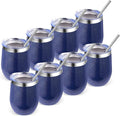 Volhoply 12oz Stainless Steel Wine Tumbler with Lid Bulk 8 Pack,Double Wall Vacuum Stemless Wine Glasses,Reusable Metal Travel Coffe Mug with Straw,Insulated Cup Gifts for Women,Christmas（Navy,8 Set）