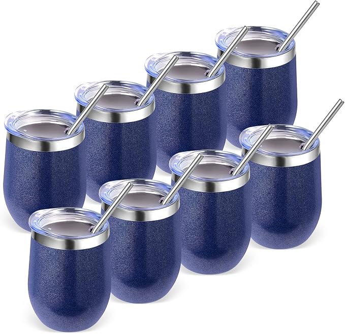 Volhoply 12oz Stainless Steel Wine Tumbler with Lid Bulk 8 Pack,Double Wall Vacuum Stemless Wine Glasses,Reusable Metal Travel Coffe Mug with Straw,Insulated Cup Gifts for Women,Christmas（Navy,8 Set）