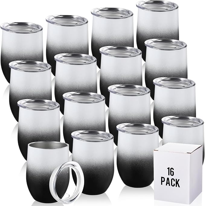 Remagr 16 Pack Stainless Steel Wine Tumblers 12 oz Insulated Vacuum Wine Cup Set Double Wall Stainless Steel Stemless Mug Glasses for Coffee Soda Whiskey Outdoor Travel (Black and White)