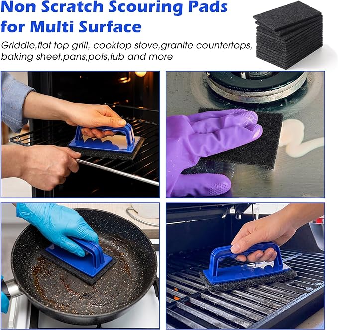 Reallnaive 124 Pcs Griddle Cleaning Kit Screen Holder Grill Screens Cleaning Pads Heavy Duty Abrasive Mesh Pads for Flat Tops, Cast Iron, Stainless Steel Griddle Cleaner Accessories Bundle (Blue)