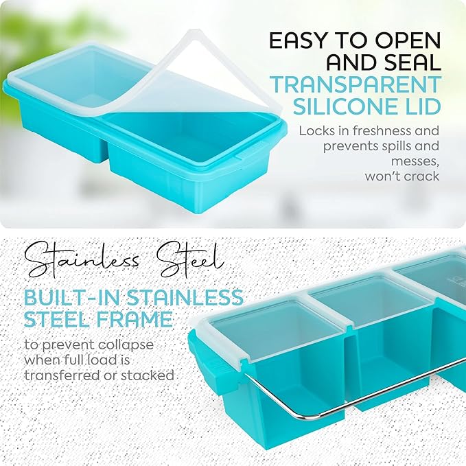 Xomoo Silicone Freezer Tray With Lid - Soup Freezer Container molds - Large Ice Cube Tray- makes 8 perfect 1-Cup & 2-Cup Ice cube Molds Food Soups Storage Containers - Oven & Dishwasher -Safe