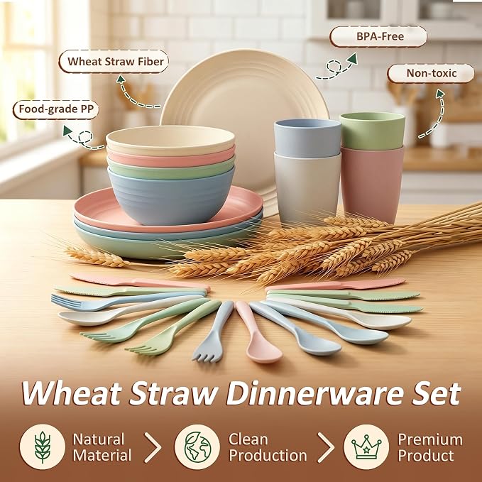 Plates and Bowls Sets for 4, Unbreakable Cups and Plates Sets 24 Piece, Wheat Straw Dinnerware Sets for Kitchen, Microwave Safe Plates Set for 4, RV and Camper Essentials - Colorful