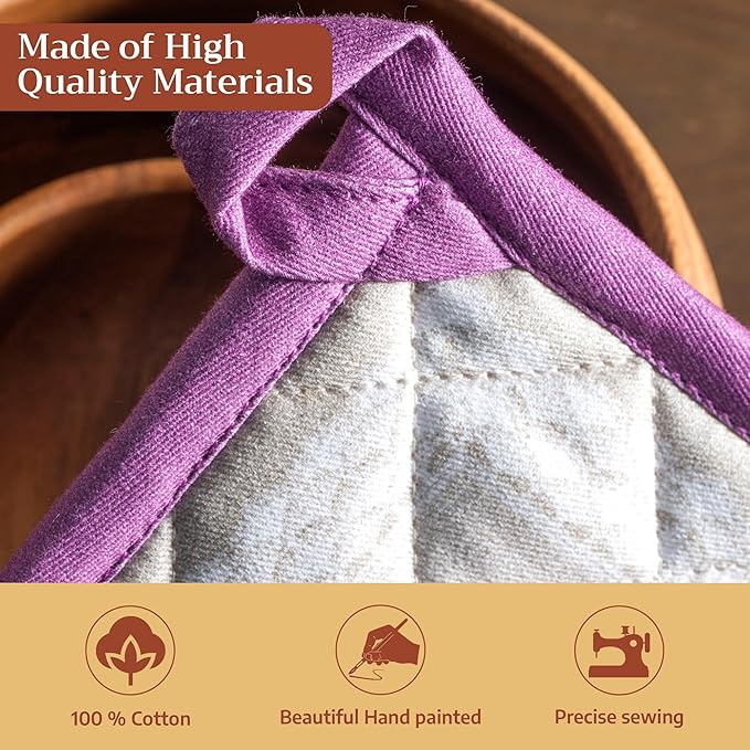 Maison d' Hermine Pot Holders 100% Cotton Heat Resistant Potholders 8" x 8" Hot Pads with Loop BBQ Cooking Baking Gifts for Mothers Day Handling Hot Pans Spring/Summer (Pack of 2, Pivoine)