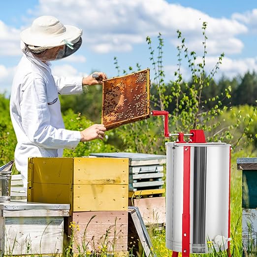 3 Frame Honey Extractor, Manual Stainless Steel Beekeeping Equipment, Honeycomb Drum Spinner with Transparent Lid & Adjustable Stand for Apiary Home Kitchen