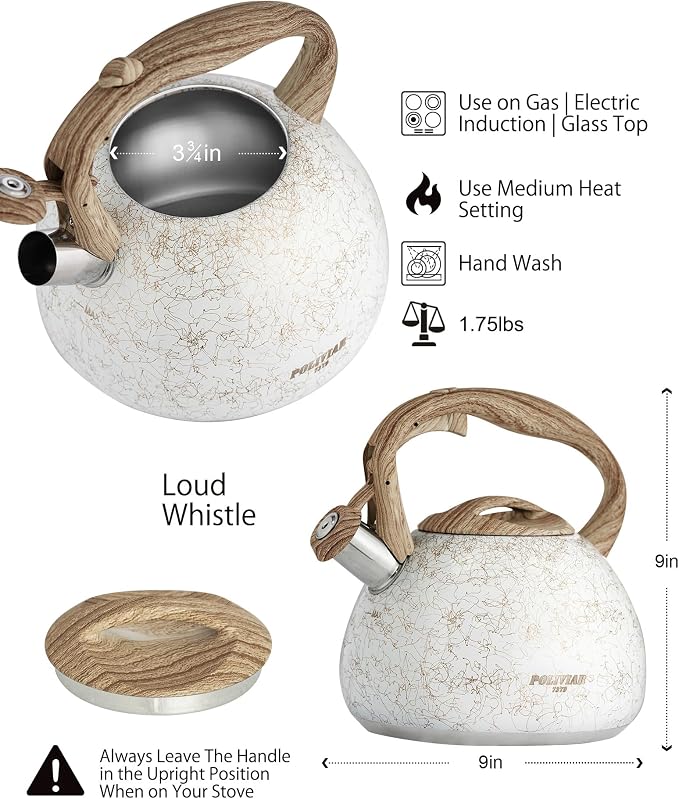 POLIVIAR Tea Kettle, Iron Grey Tea Pot Stovetop, 2.7 Quart Loud Whistling Coffee and Teapot, Food Grade Stainless Steel for Anti-Hot Handle and No-Rust, Suitable for All Heat Sources (JX2020-YB30)