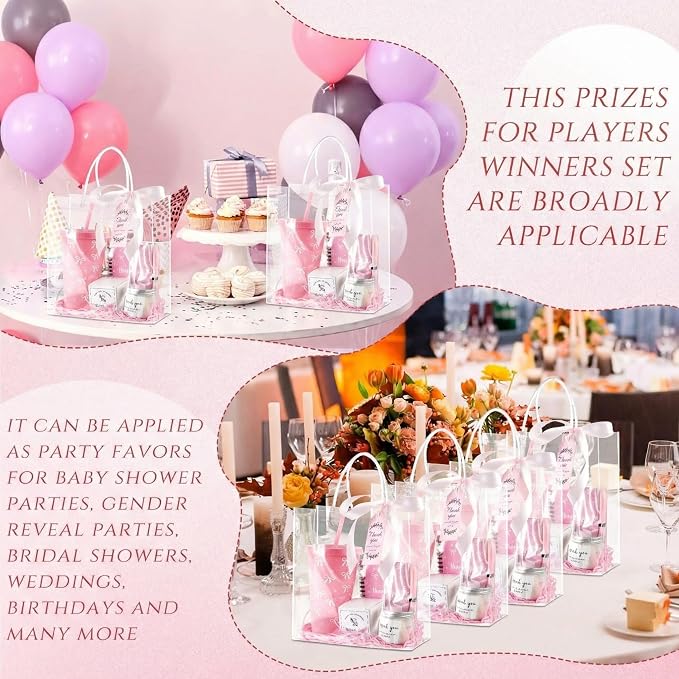 Nuogo 6 Sets New Parent Shower Prizes for Player Winners Adult, Wedding Bridal Shower Gift, Plastic Tumbler Notebook Scented Candle Ballpoint Pen Bag (Pink Color,Classic Style)