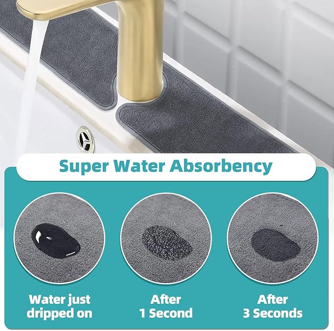 PoYang 4 Pack Faucet Mat for Kitchen Sink Splash Guard Long: Super Absorbent Microfiber Sink Water Splash Guard Behind Kitchen Faucet Mat for Bathroom, RV Protector, Machine Washable 24'' x 5.1''