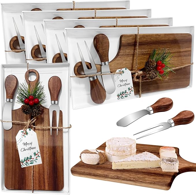 4 Pcs Christmas Gifts Bridal Shower Favor Acacia Wooden Square Cheese Board Gift Set With Knives, Mini Cutting Board Bulk Set, Tags and Boxes for Party Birthday