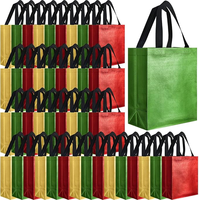 Eccliy Reusable Gift Bags Set Glossy Grocery Gift Tote Bag with Handle for Wedding, Bridal Shower, 4th of July, Summer Event(10 x 8 x 4.7 Inch,Red, Gold, Green with Black Handles,80 Pcs)