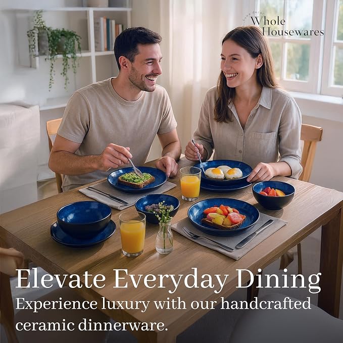 Whole Housewares Ceramic Plates and Bowls Set - Dinnerware Set - Microwave and Dishwasher Safe - 16 Piece Dinner Set - Perfect for Parties, Birthdays, or Weddings - Blue