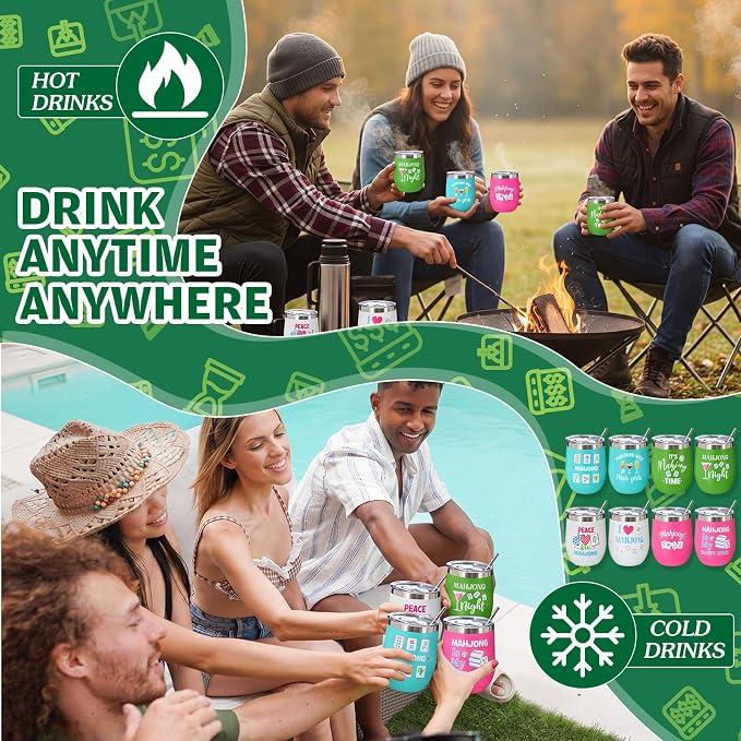 Patelai 8 Pcs Mahjong Tumbler with Straw Lid and Brush 12oz Stainless Steel Insulated Mahjong Cups Double Vacuum Thermal Mugs Mah Jong Accessories for Game Night Party Favor Mah Jong Lovers Gift