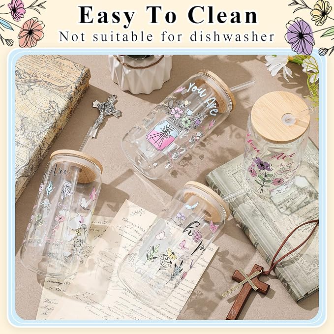 Mumufy 4 Pack Wildflower Glass Cups Gift Aesthetic Cute Glass Cup Tumbler Flower Iced Coffee Mugs 16 oz with Bamboo Lid & Straw, for Wedding Birthday Bridesmaid Mom Baby Shower