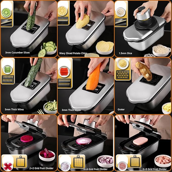 Stainless Steel Vegetable Chopper, 9 Blade Multi Veggie Chopper with Container, Food Cutter Chopper& Grater Mandoline Slicer, Kitchen Tools Gadgets, Onion Slicer, Mincer, Dicer, French Fry Cutter
