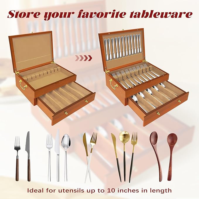 Silverware Storage Box Solid Wood with Lid, Silverware Organizer with Handle and Felt Lined, Silverware Storage Chest for Flatware and Utensils Home Decor Gift, Chest for Flatware (Oak, 2 Layer)