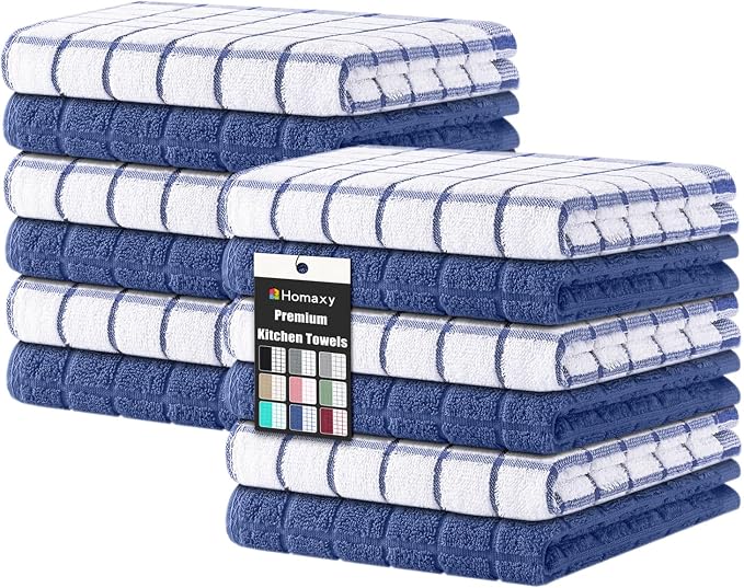 Homaxy Premium Cotton Kitchen Dish Cloths 12"x 12", Natural Ring Spun 390 GSM Dish Rags, Super Absorbent Terry Dish Towels, Soft Dishcloths with Hanging Loop, Navy Blue Check Design, 12 Pack