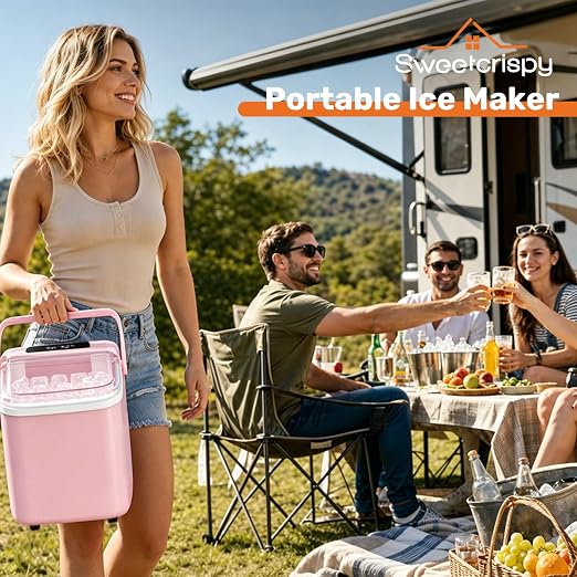 Sweetcrispy Countertop Ice Maker with Scoop, Basket and Handle, Portable Ice Machine 9 Cubes Ready in 6 Mins, 26.5lbs in 24Hrs, 2 Sizes for Home Kitchen Office Bar Party